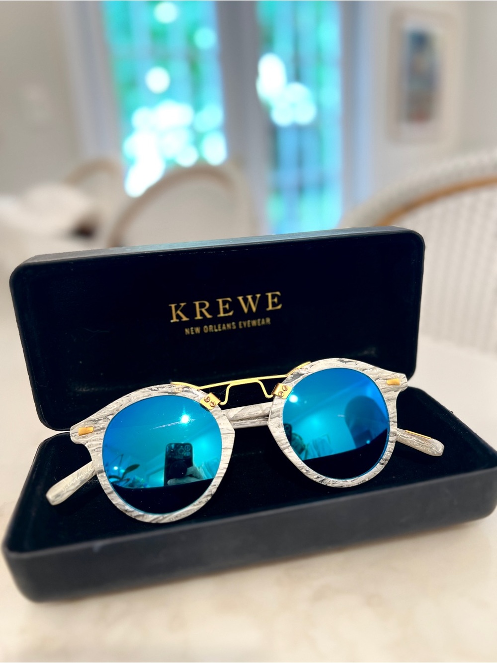 White KREWE St. Louis Sunglasses with Blue Mirror Lenses - RARE